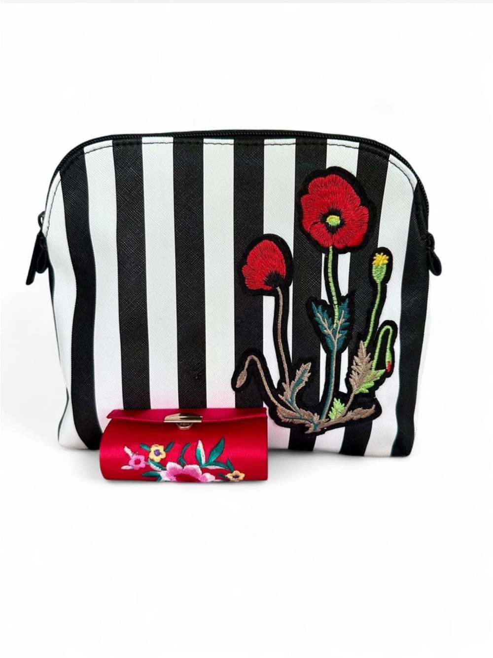 Nordstrom Vintage Striped Black & White Cosmetic Pouch with Red Floral Appliqué
